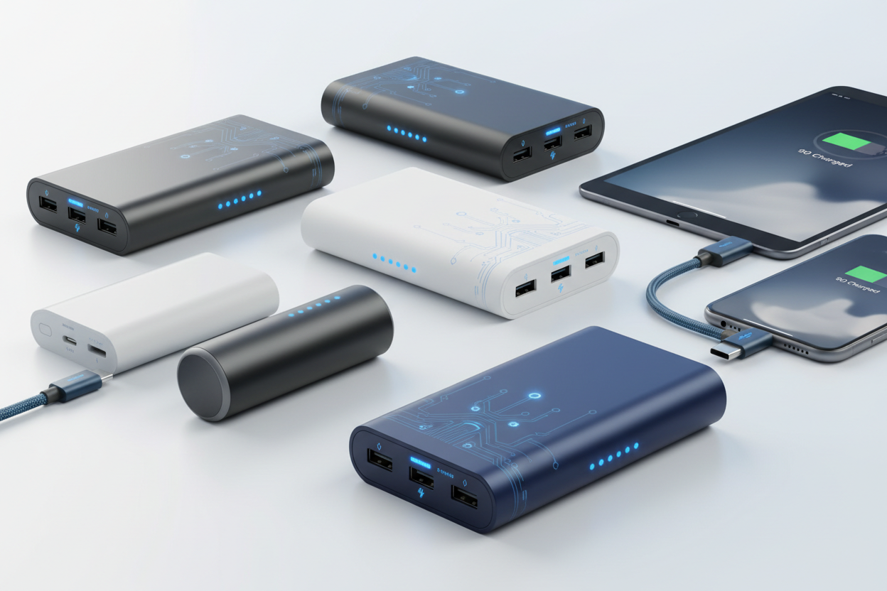 Sleek portable power banks collection in black, white, and silver, showing different sizes with USB and USB‑C charging ports and blue LED indicators, modern external battery chargers for smartphones and devices.