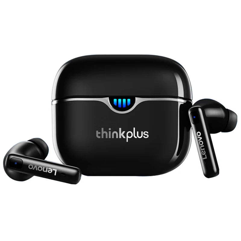 Black wireless earbuds with charging case on a white background, featuring the Lenovo ThinkPlus logo.