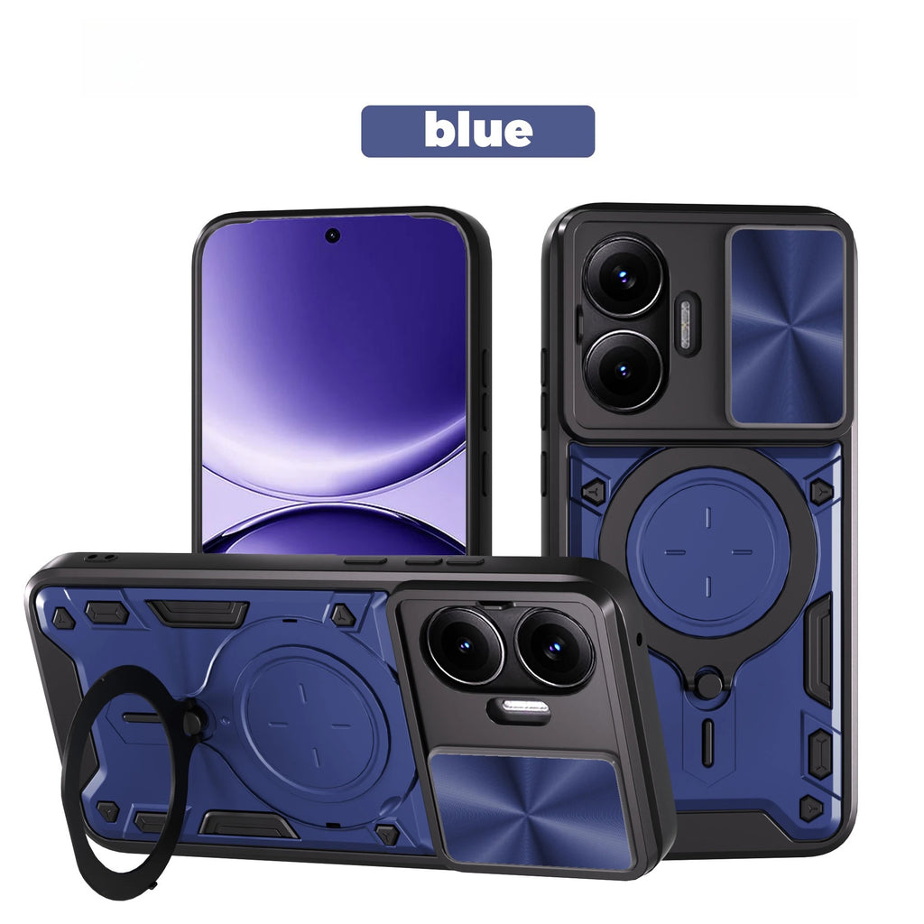 Blue phone case with ring holder and camera cutout on a white background