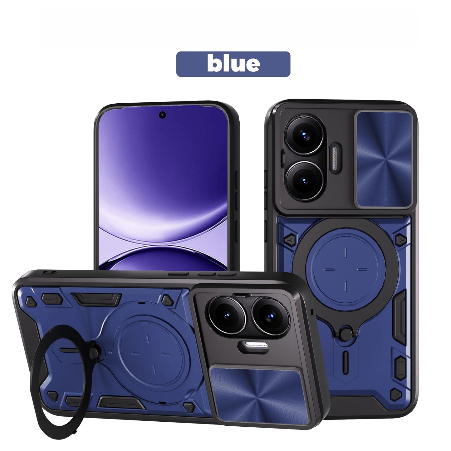 Blue phone case with ring holder and camera cutout on a white background