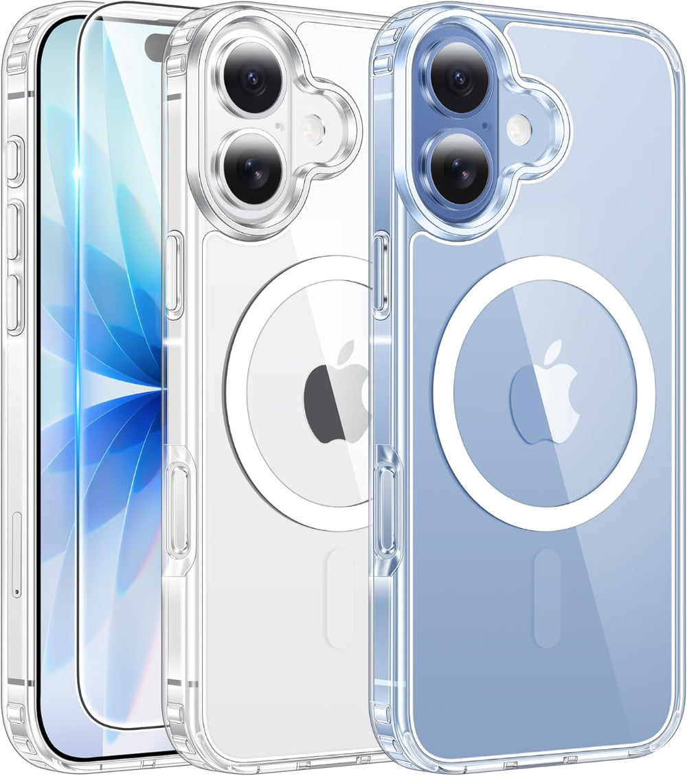 Clear phone case with Apple logo for an iPhone, showing front and back views.