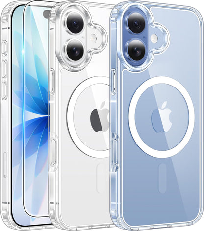 Clear phone case with Apple logo for an iPhone, showing front and back views.