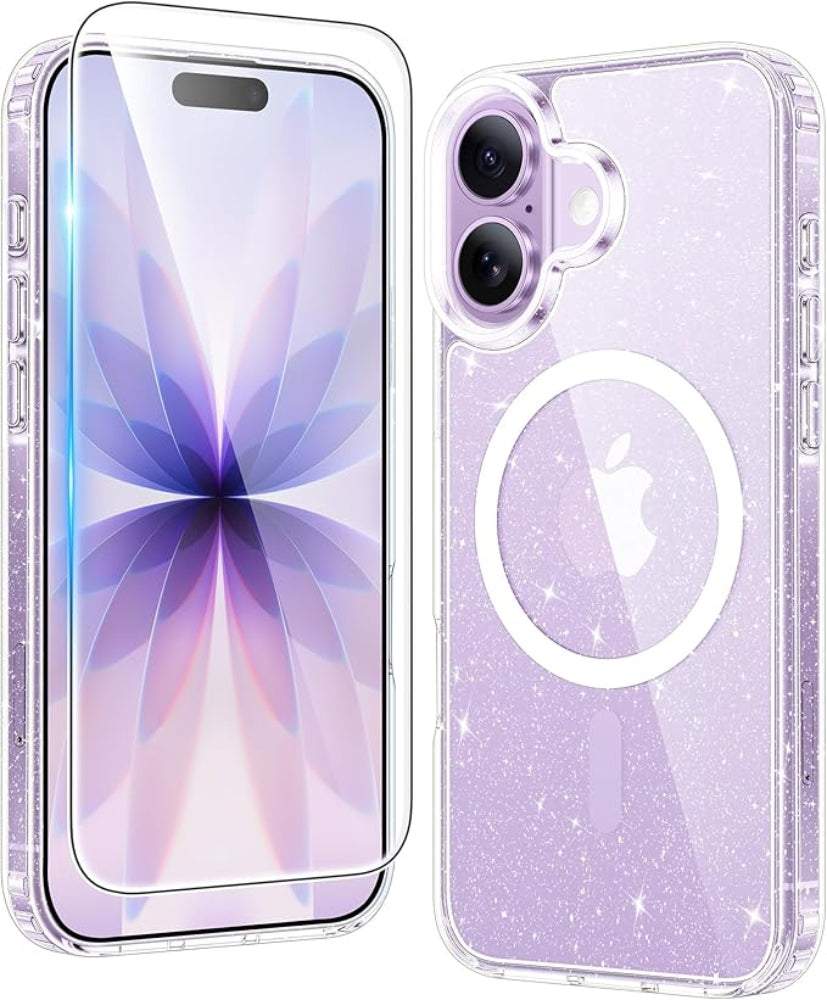 Lavender glitter phone case with Apple logo on a reflective surface