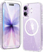 Lavender glitter phone case with Apple logo on a reflective surface
