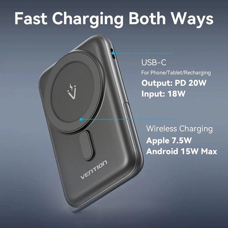Fast charging device with USB-C and wireless charging capabilities on a blue gradient background