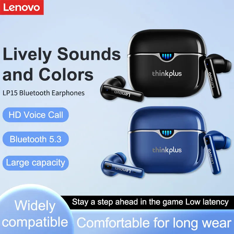 Lenovo thinkplus Bluetooth earphones with charging case on a light blue background