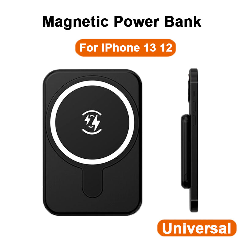 Black magnetic power bank for iPhone 13 and 12 with universal compatibility on a white background