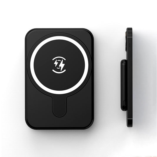 Black wireless charging pad with a logo on a white background