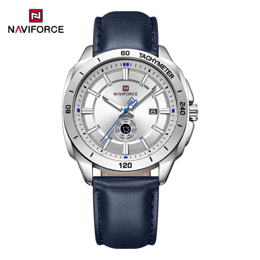 Naviforce watch with blue leather strap and silver case on a white background