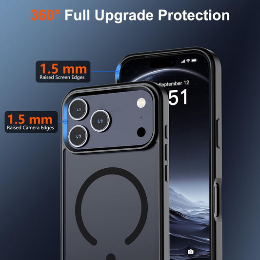 Phone case with 360-degree protection features on a dark blue background