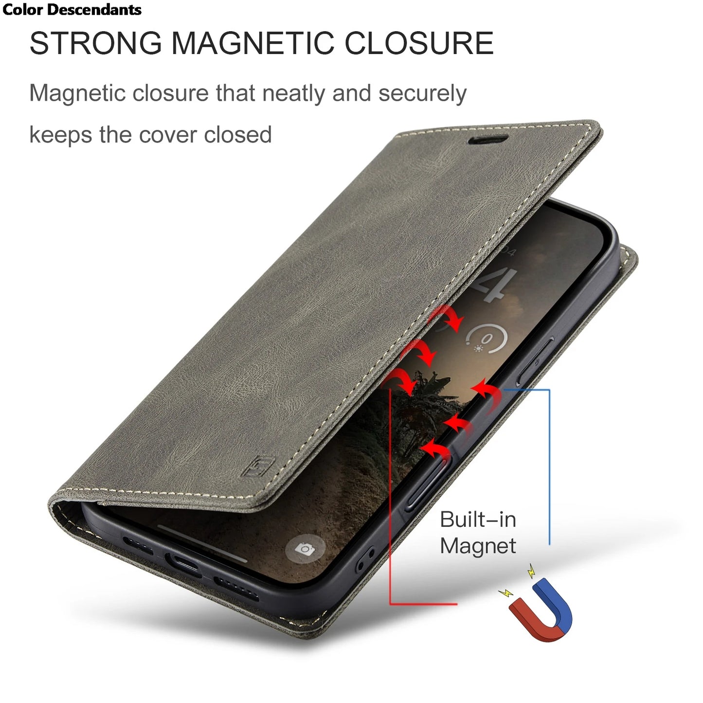 Phone case with a strong magnetic closure feature highlighted