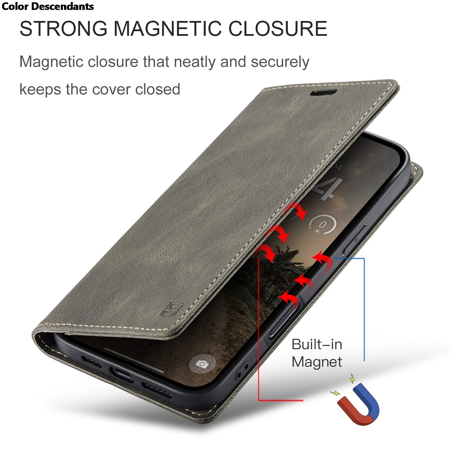 Phone case with a strong magnetic closure feature highlighted