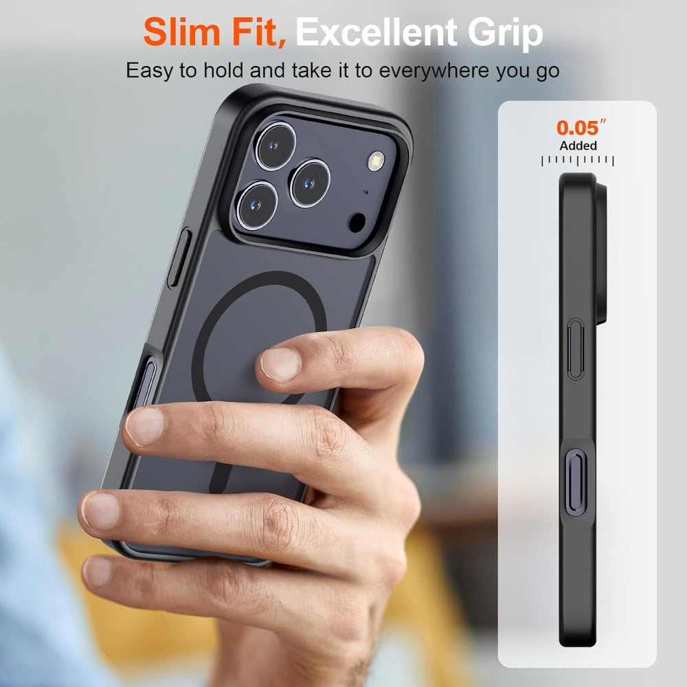 Phone case with slim fit and excellent grip, held by a hand.