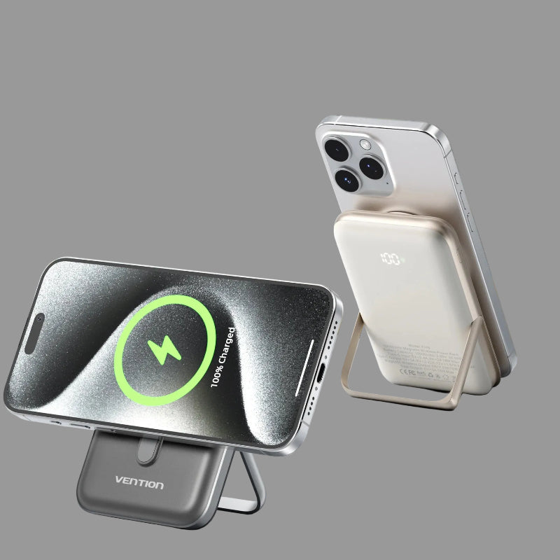 Phone stand with LED display and zinc alloy stand feature, showing smartphone on a blurred outdoor background.
