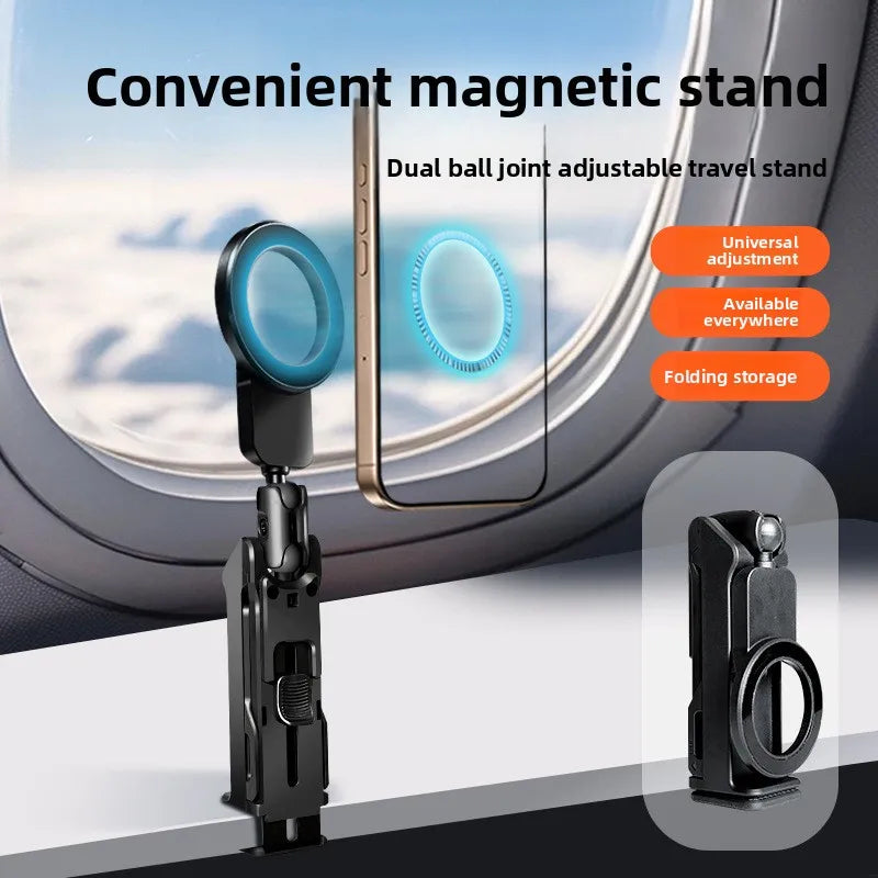 Convenient magnetic stand with dual ball joint adjustable travel stand feature, shown with a smartphone on a car window.