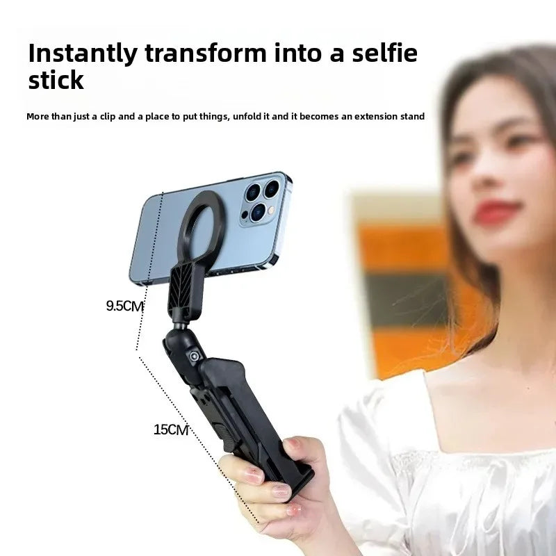 Phone clip transforming into a selfie stick with measurements and text on a white background.