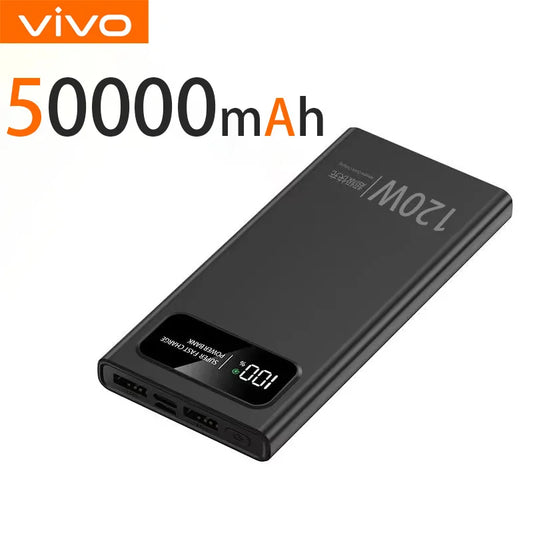 Black power bank with 50000mAh capacity and vivo branding on a white background