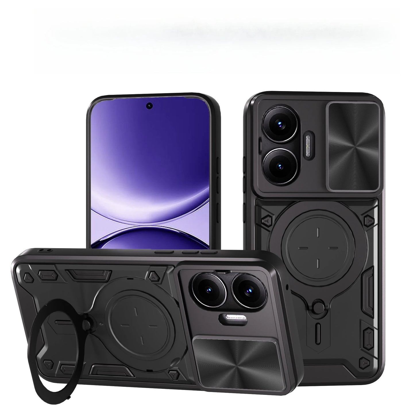 Black phone case with ring holder and stand feature on a white background