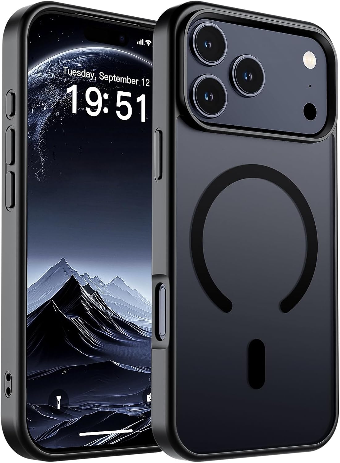 Smartphone with a black case featuring a wireless charging symbol on a dark background