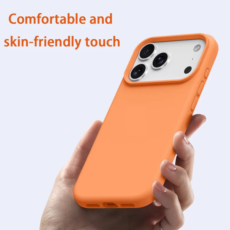 Orange phone case held by a hand with text 'Comfortable and skin-friendly touch' on a light gray background
