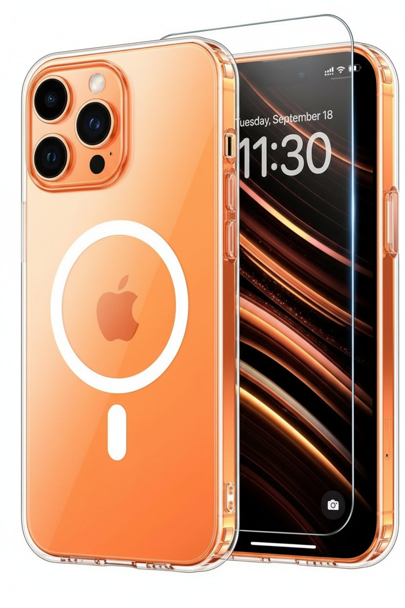 Orange phone case with Apple logo and screen protector on a smartphone