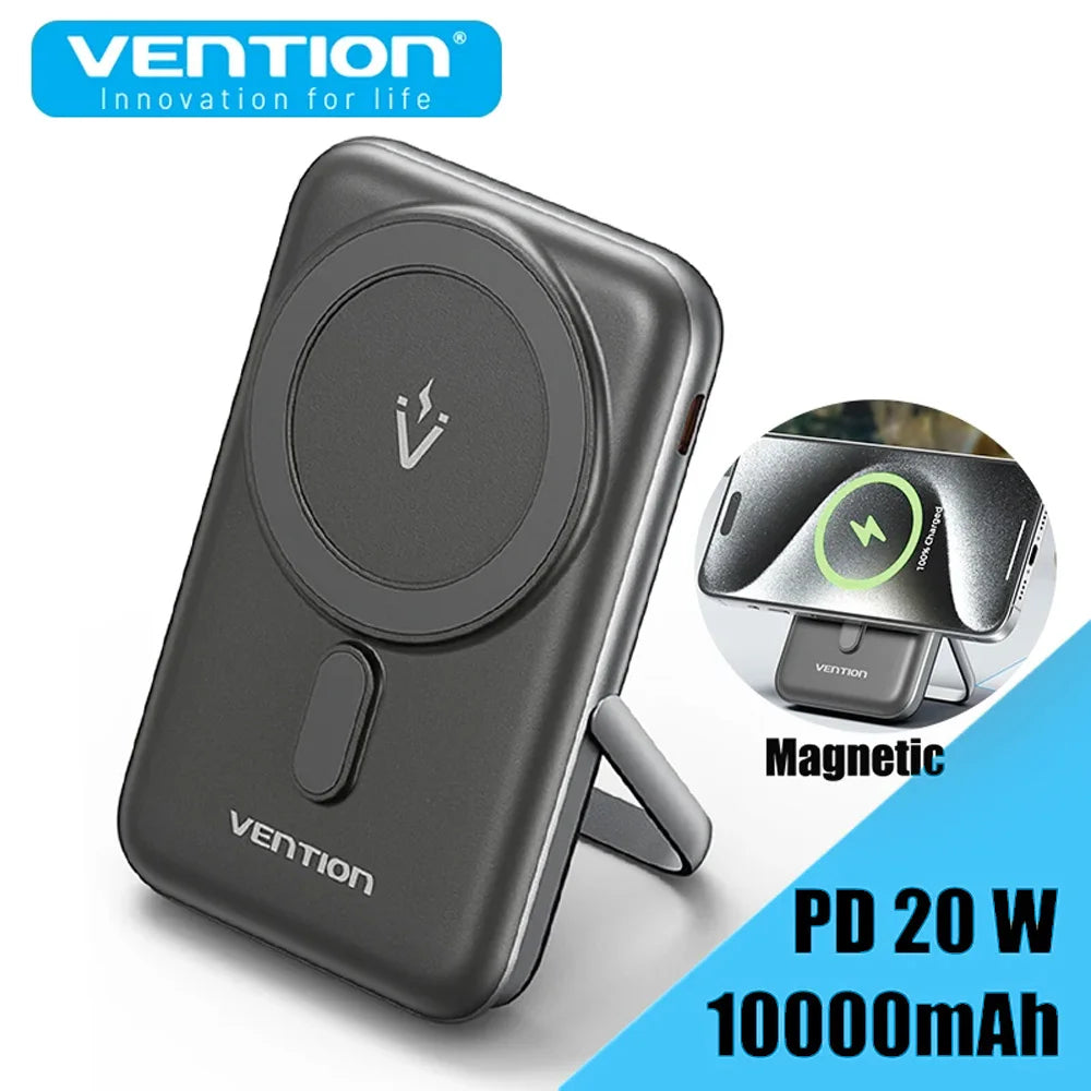 Vention wireless charger with magnetic feature and 10000mAh capacity on a white background