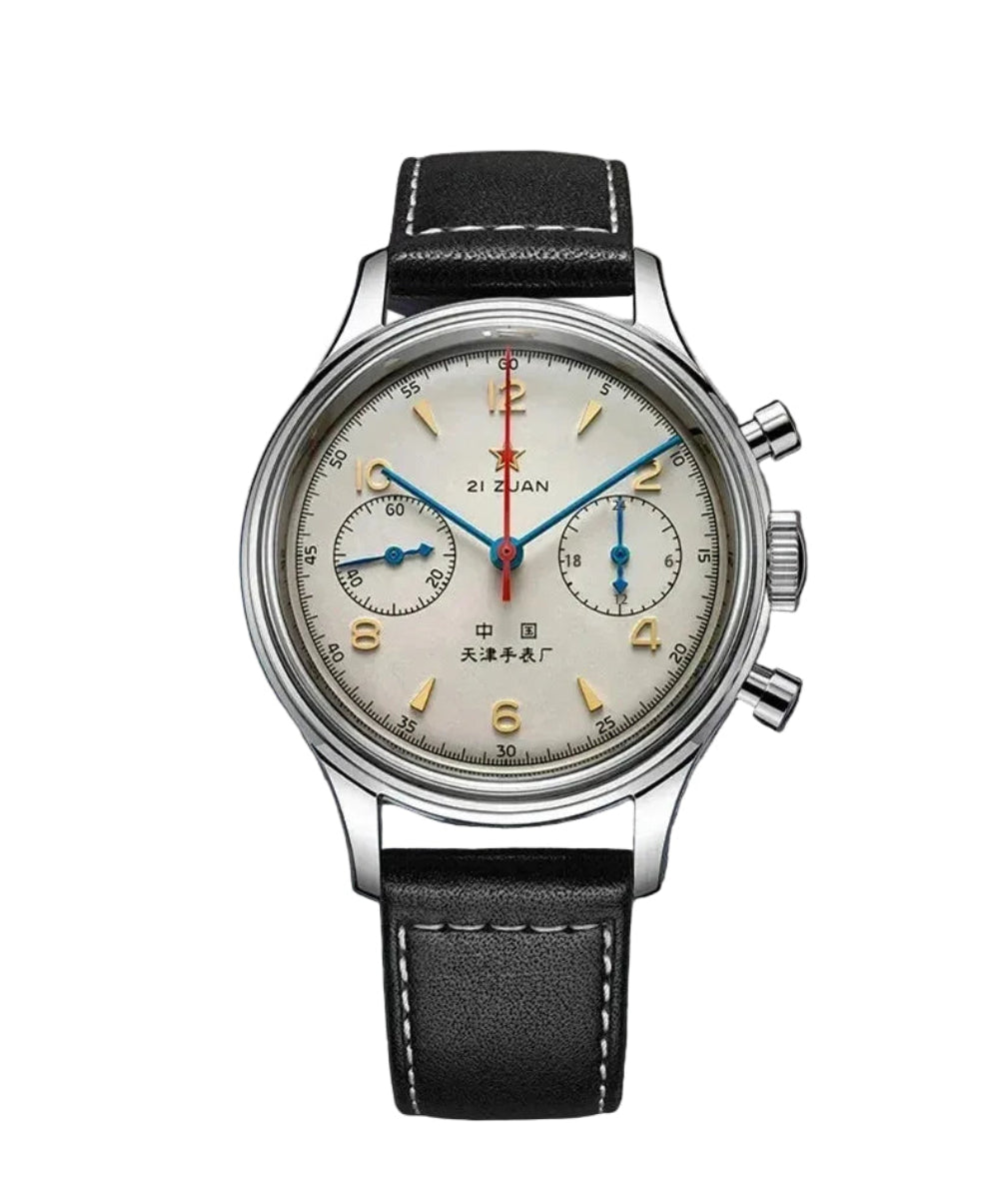 Vintage-style watch with black leather strap and detailed face on a dark background