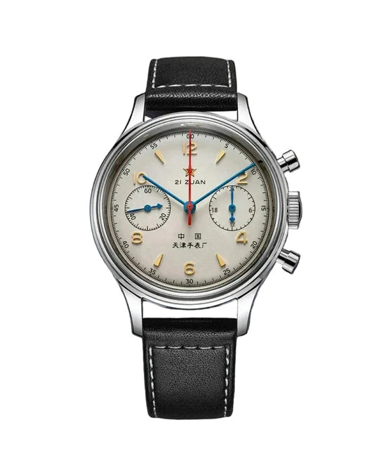 Vintage-style watch with black leather strap and detailed face on a dark background