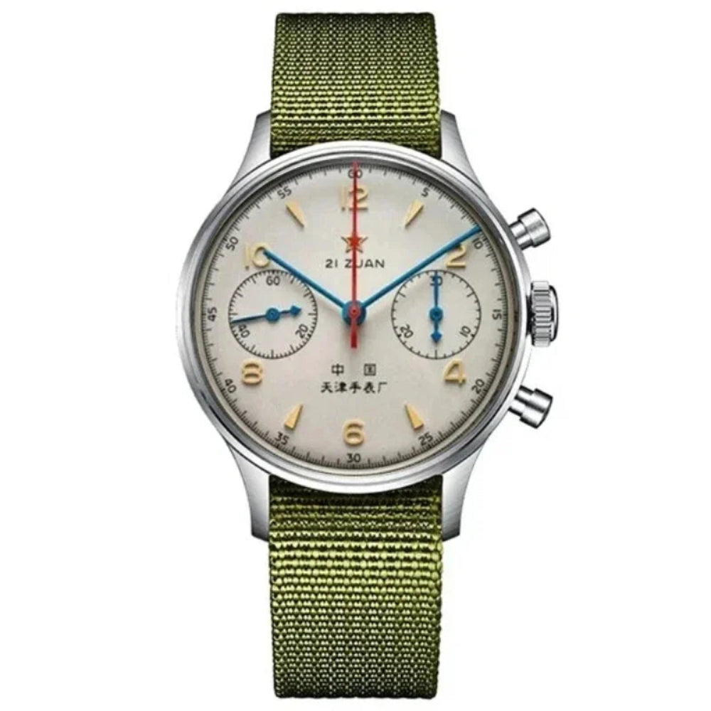 Watch with green strap and white face on a white background
