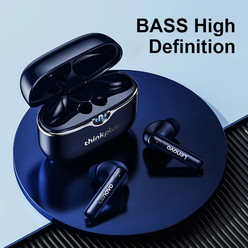 Wireless earbuds with charging case on a blue surface, featuring 'thinkplus' branding.