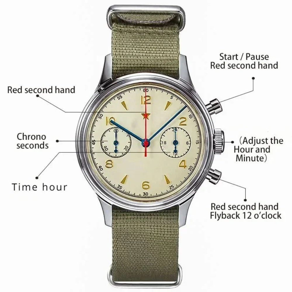 Wristwatch with labeled components on a white background